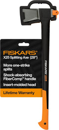 Fiskars X25 Splitting Axe 28 Wood Splitting Axe for Medium to Large Size Logs with Shock Absorbing Handle and Sheath Split Firewood Forged Steel Blade Bushcraft Gear and Camping Hatchet
