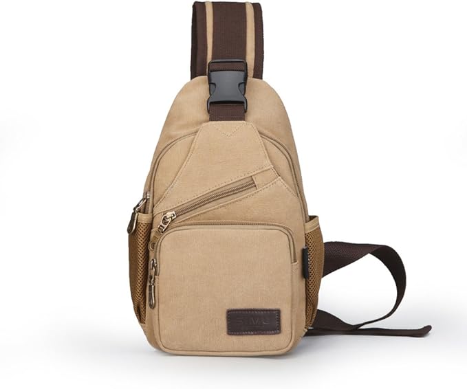 SIMU Sling Bag Pack Canvas Shoulder Sling Backpack Small Crossbody Chest Bag for ipad mini (Khaki)