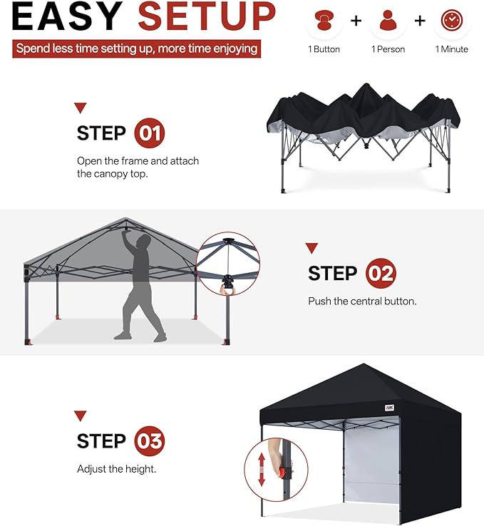 ABCCANOPY Easy Pop up Canopy Tent with 2 Sidewalls for Outdoor Sun Blocking or Rain Protection10x10 Black