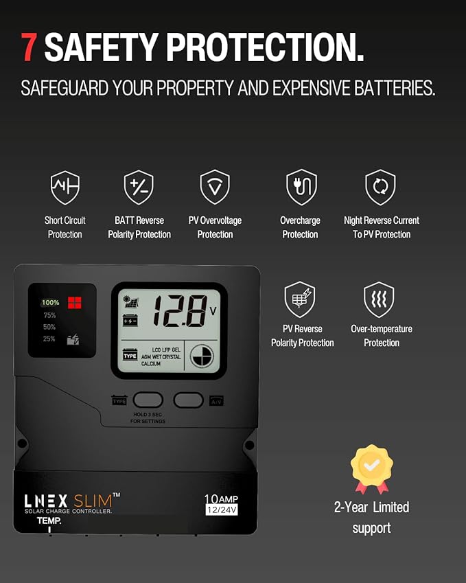 LNEX Solar Charge Controller 5 Stage Intelligent Battery Regulator with LCD Display 12V/24V PWM Solar Controller for LiFePO4 AGM Gel Flooded and Lithium Battery (10A)