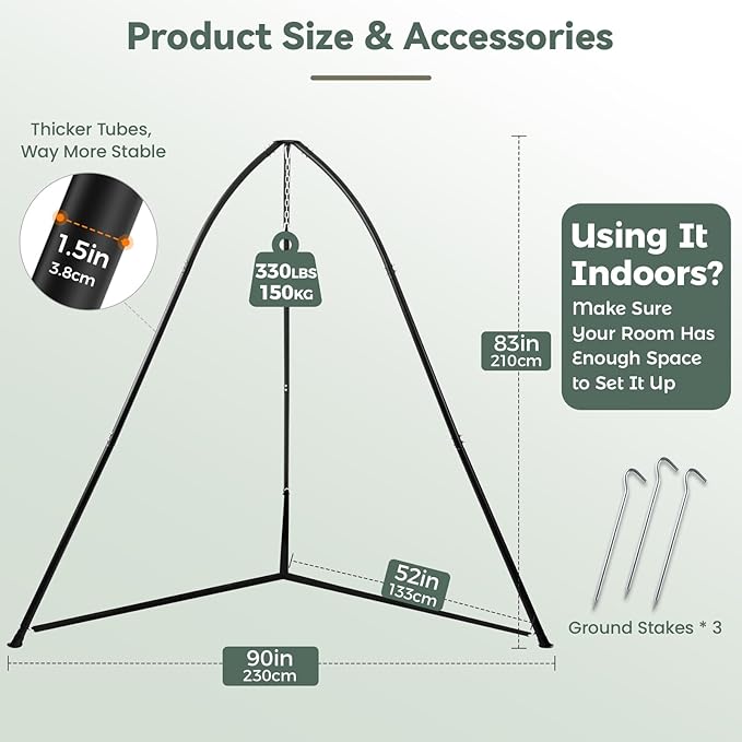 Tripod Hammock Chair Stand for Multi-Use Heavy-Duty Hammock Chair Stand for Indoor &amp Outdoor with Height Adjustable Triangular Design 330 lbs Capacity Easy Assembly Stand Only - Black