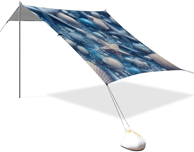 ALAZA Blue Starfish Pearl Beach Beach Tent Sun Shelter UPF50+ Protection Beach Shade Canopy w/ 4 Sandbags for Outdoor Camping Fishing Backyard Fun Picnic 10x9 ft