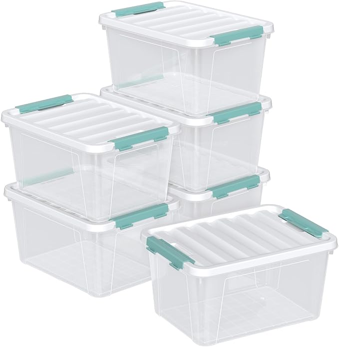6 Packs Plastic Latch Boxes 20 L Clear Stackable Storage Container Bin with White Lid