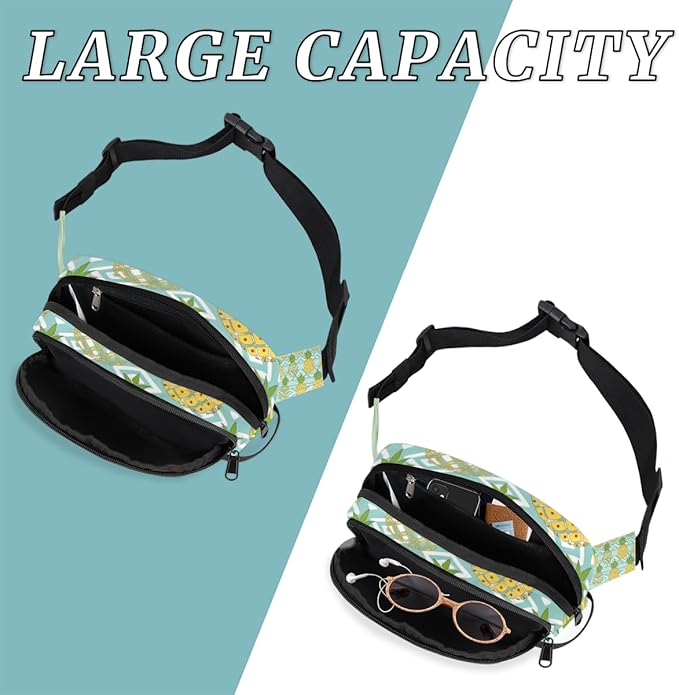 Hand Painted Cute Pineapple Waterproof Fanny Pack for Women Men Adjustable Waist Bag with Double Zipper Pockets Lightweight Square Hip Pack for Running Travel Hiking Workout Cycling