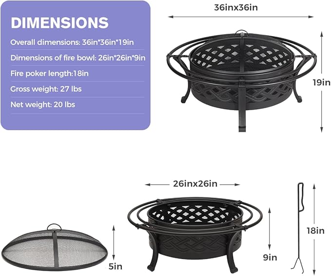 Panovue 36 Inch Fire Pit with 2 LoopsCrossweave Wood Burning Fire Pits for Outsidewith Spark ScreenFire PokerRound Outdoor Firepit for PatioYardGardenCampingBonfire(36''Black)