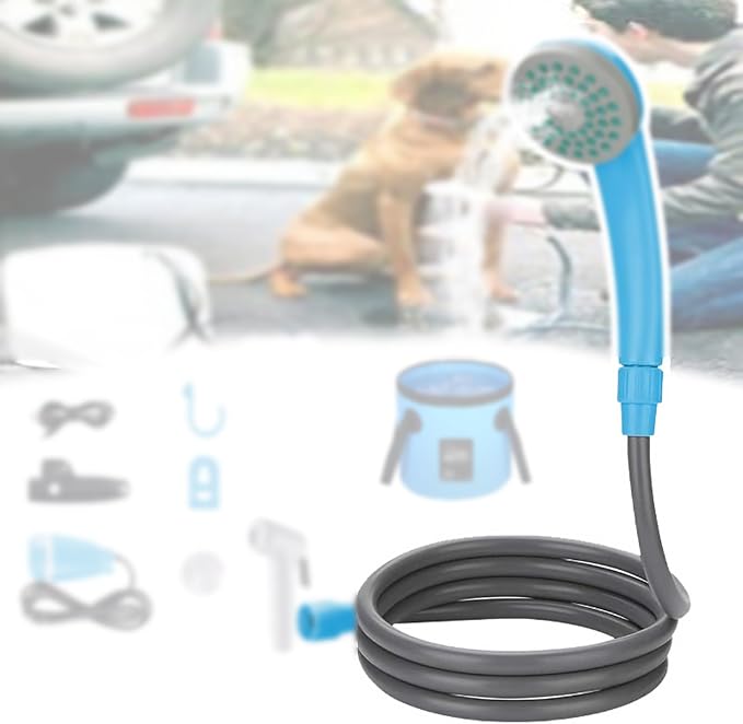 Camping Showers PortableCar Shower HeadPortable USB Charging2.5-3.5L/Min Water Volume2m Hose5m Wirefor Camping Hiking Travelingwith Nozzle and BucketBlue