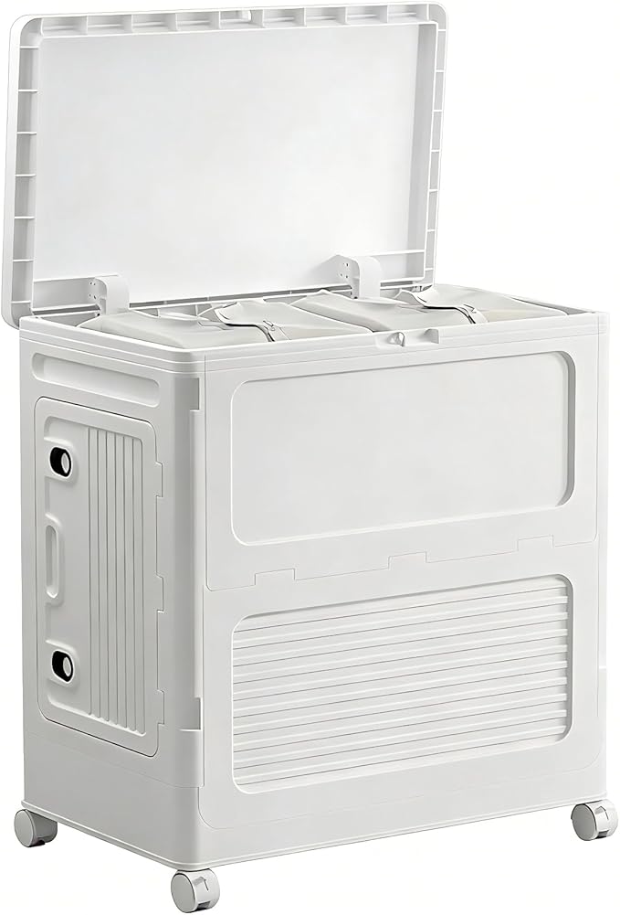 56cm Wide Foldable Storage Box with Lid and Wheels Stackable 1 Tier Organizer for Living Room Bedroom Home