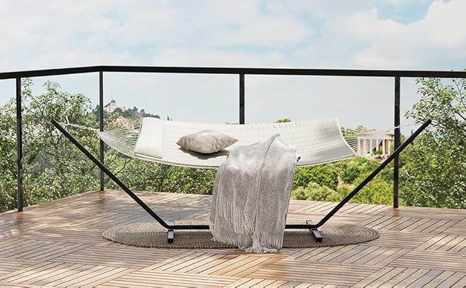 2 Person Hammock with Heavy Duty 500Lb Capacity Stand - Portable Cotton Rope Hammock &amp Quilted Comfort Pad - Relax Together Indoor or Outdoor (Beige)