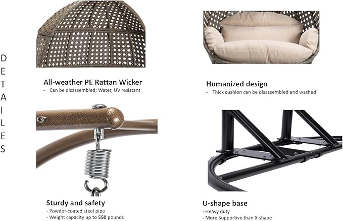 Hanging Egg Chair with Stand 2 Person Heavy Duty Hanging Wicker Rattan Swing Chair Basket Hammock Nest Chair Seat for Indoor Outdoor Patio Lounger Swinging Loveseat (Beige)