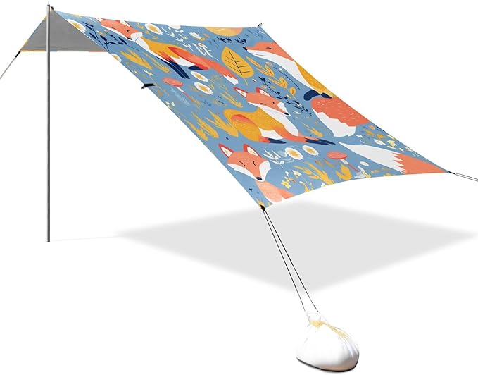 Safari Animals Fox Beach Tent UPF50+ Protection Waterproof Large Portable Sun Shelter with Sandbags and Shovel for Camping Trips Fishing Backyard Fun or Picnics