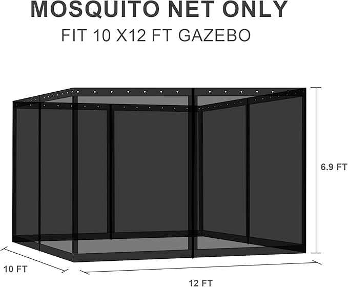 BPS 10' x 12' Gazebo Universal Mosquito Netting Screen Replacement 4-Panel Mesh Screen Walls with Double Zippers for Outdoor Patio Khaki (Mosquito Net Only)