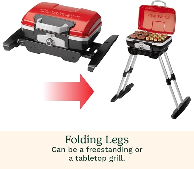Cuisinart Petite Gourmet Portable Gas Grill with VersaStand Compact Portable Grill Propane 150 Sq. In. Cooking Surface 5500 BTU Burner Small Gas Grills for Camping BBQ Adjustable Base Handles