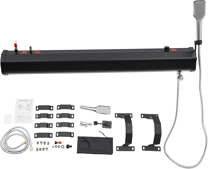 Portable Pressurized Water Tank Roof Rack Mount Road Shower with Solar Heating 7.93Gal Capacity Camping Shower with Hose for Off-Road Overlanding