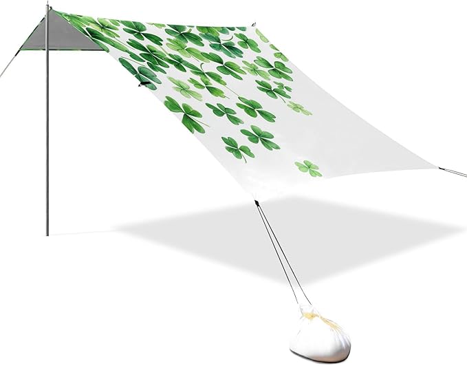 ALAZA St. Patrick's Day Green Clover Leaves on White Beach Tent Sun Shelter Portable Canopy Sunshade for Outdoor Camping Picnics Backyard Fun 10x9 ft