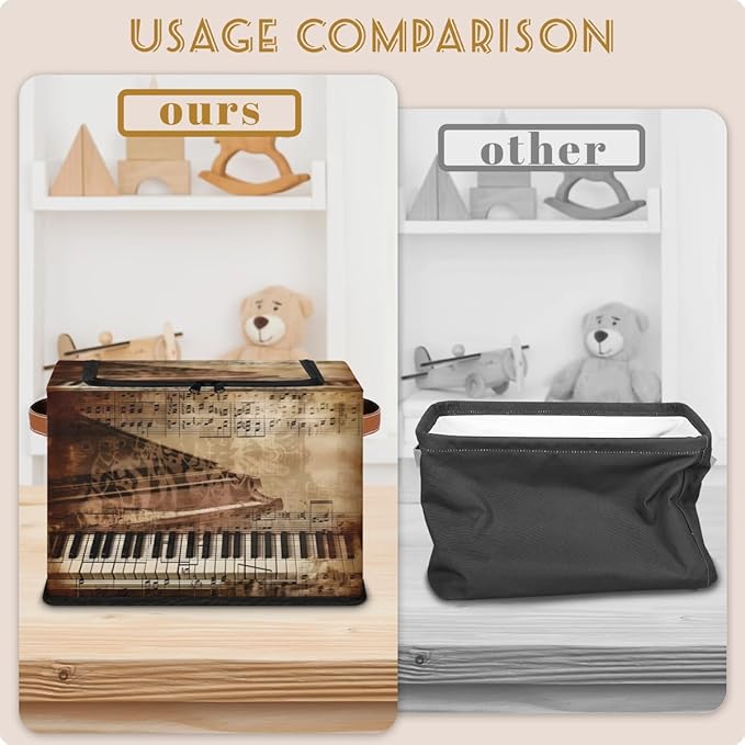 Retro Piano Storage Box with Lid Music Notes Collapsible Storage Bins Baskets Cubes Closet Shelf Clothes Organizer Containers with PU Leather Handles