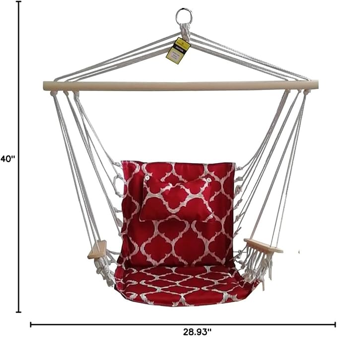 Hammock Chair Hanging Rope Swing *12 Patterns Quality Comfortable and Breathable Fabric - Indoor/Outdoor - Red Geometric Pattern