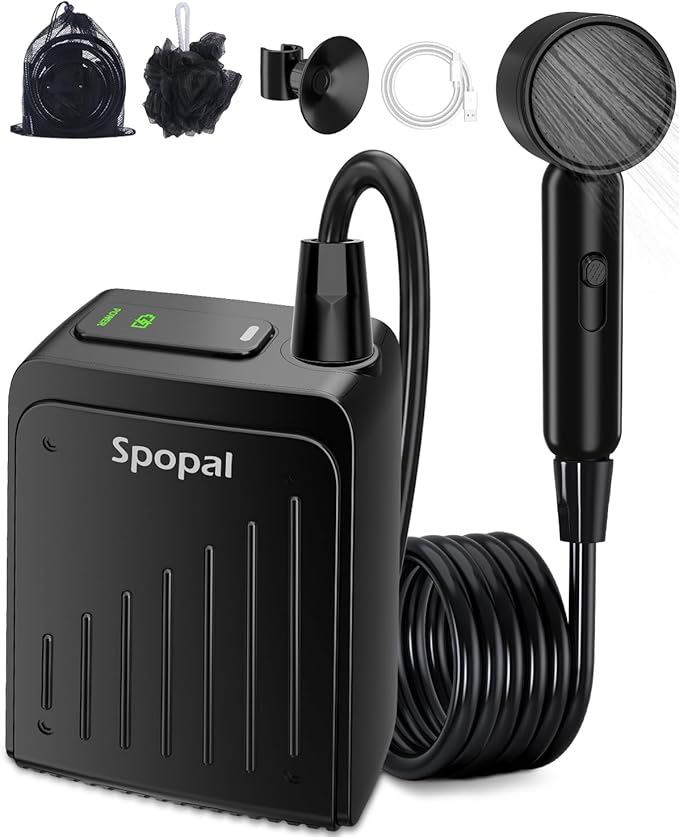 Spopal Portable Shower for Camping [Long-Lasting] 5000mAh Rechargeable Camping Shower 4 Spray Modes IPX8 Waterproof Outdoor Camp Pump for Hiking Travel Car Pet