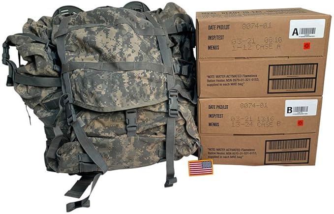 Genuine Previously Issued Military Ruck Sack - Military MRE Go Bag - 2021 Inspection Date - 24 Military MREs (2 Cases) with US Flag Patch (MOLLE ACU Ruck)
