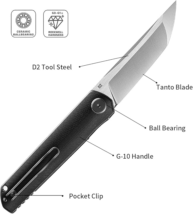 Miki Pocket Samurai Folding Knife G10 Handle Tanto w/ D2 Plain Blade Outdoor Camping Hiking Knife Fishing And Everyday Carry nique Tool Gift for EDC Men Women (Black-A)