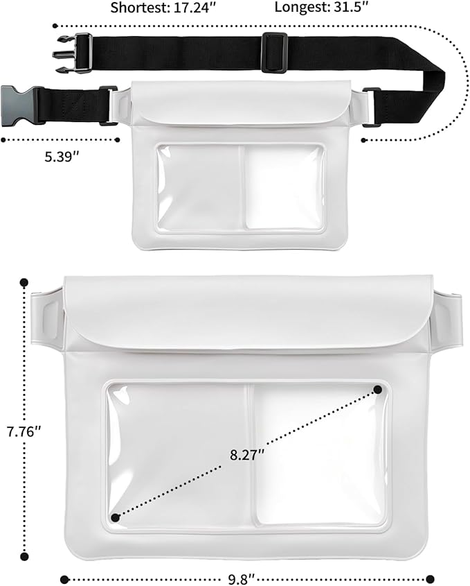 Waterproof Dry Bag Set 2 Pcs: White 9.8 Clear Fanny Pack with Black Waterproof Phone Case -7 Phone Pouch IPX8 Floating Water Proof Belt Bag with Adjustable Strap for Cruise Beach Swim Essentials
