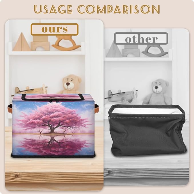 KOBLEN Pink Peach Tree Pattern Storage Basket Collapsible Rectangular Storage Bins with Zipper Lid Handle Closet Shelf Cloth Organizer Basket for Nursery Bedroom Clothes Toy