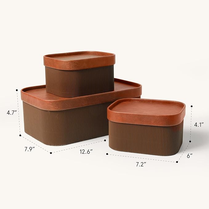 LA JOLIE MUSE Fluted Cardboard Storage Baskets with Leather-Like Lids Sturdy Stackable Paper Boxes Decorative Tray Chocolate Brown Set of 3