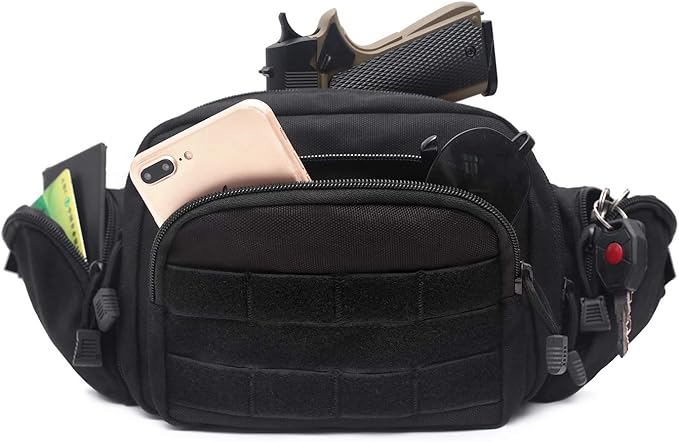 Concealed Pistol Bag Multipurpose Nylon Tactical Handgun Case Fanny Pack Waist Bag Bumbag Chest Pack with Molle Webbing Loop (Black)