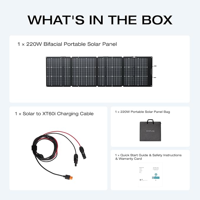 EF ECOFLOW 220W Portable Solar Panel Bifacial Design Up to 25% Conversion Efficiency N-Type Solar Cell with Adjustable Kickstand IP68 Waterproof Foldable Solar Panel for Camping RVing Home Backup