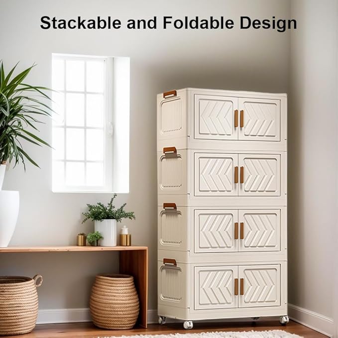 ETOYA 4-Tier Stackable Storage Bins with Lids &amp Wheels - 14.96x10.24x35.43 Collapsible Organizer Foldable Container Plastic Storage Containers for Living Room Office Dorm Organization