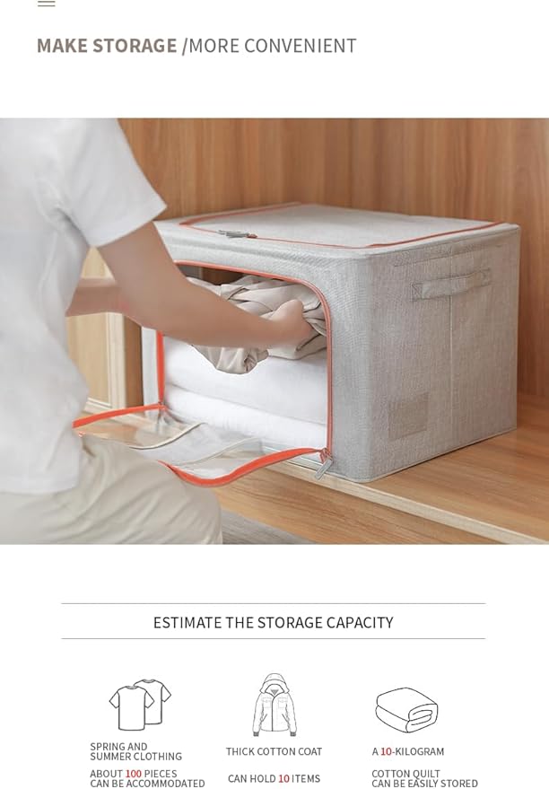 Foldable Large Storage Bin with LidInner Waterproof Film Closet Cube4 Thick Metal Frames 2Open Windows Zippers Container Organizer for Blanket BinQuiltClothesBooksLarge Cubes(66 L).