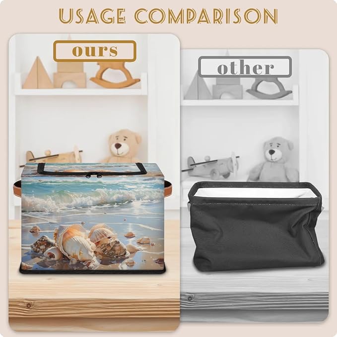 Shell Beach Storage Bins with Zipper Lid 2pcs Stackable Storage Baskets Boxes with Metal Frame Closet Storage Cube Bin Organizer with PU Handles Clothes Storage Bag
