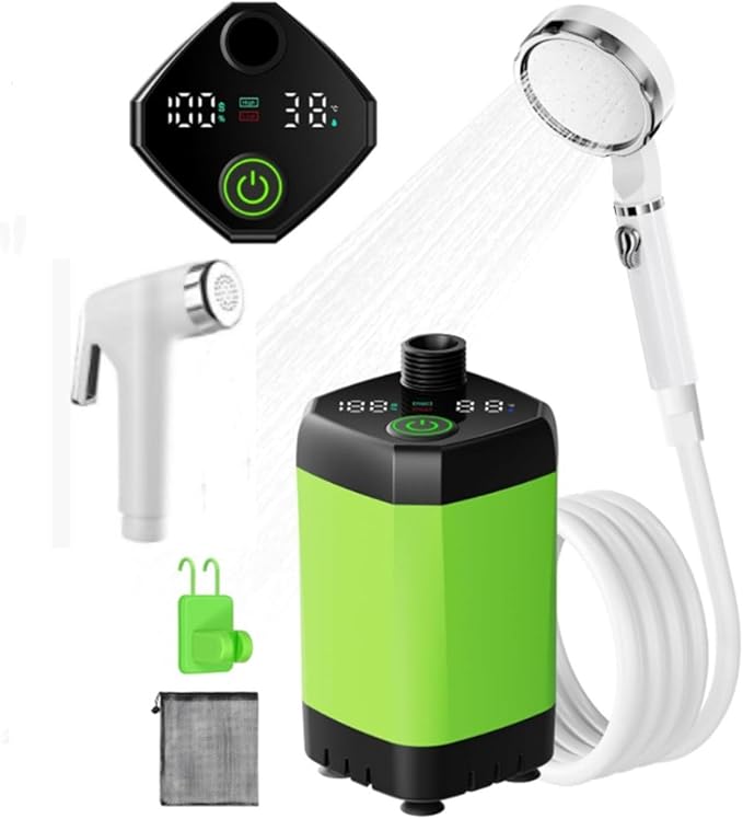 Portable Camping Shower 6000mAh Rechargeable Camping Shower with Intelligent Digital Display Outdoor Camp Pump 4 Spray Modes Camping Shower Pump for Hiking Travel Car Pet GreenA
