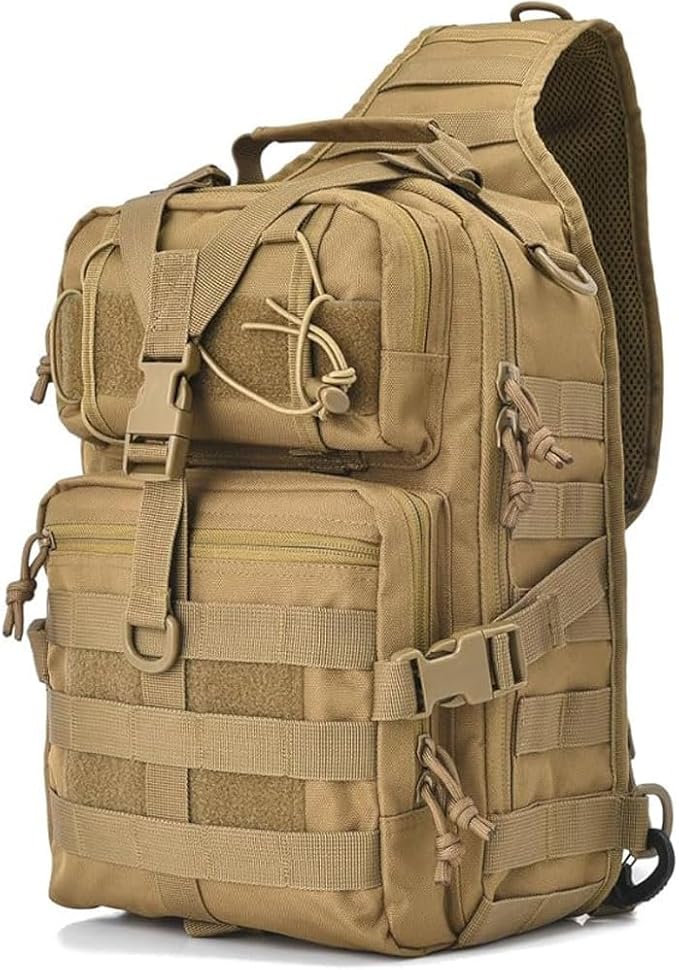 REEBOW GEAR Tactical Sling Bag Pack Military Rover Shoulder Sling Backpack EDC Molle Assault Range Bags Day Pack w/Tactical USA Flag Patch (Style 04-Tan)