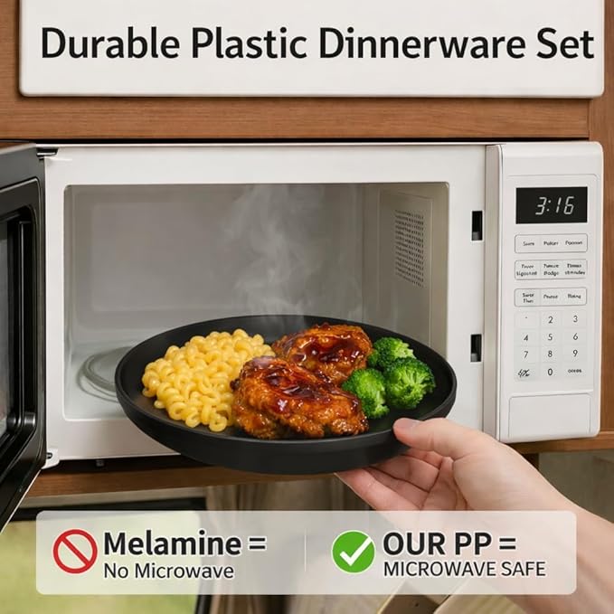 40 Piece Plastic Dinnerware Set for 8 with Cutlery Unbreakable Plates and Bowls Set Dishwasher &amp Microwave Safe Reusable Dish Set for Camping RV Outdoor Kitchen Apartment Dining Black