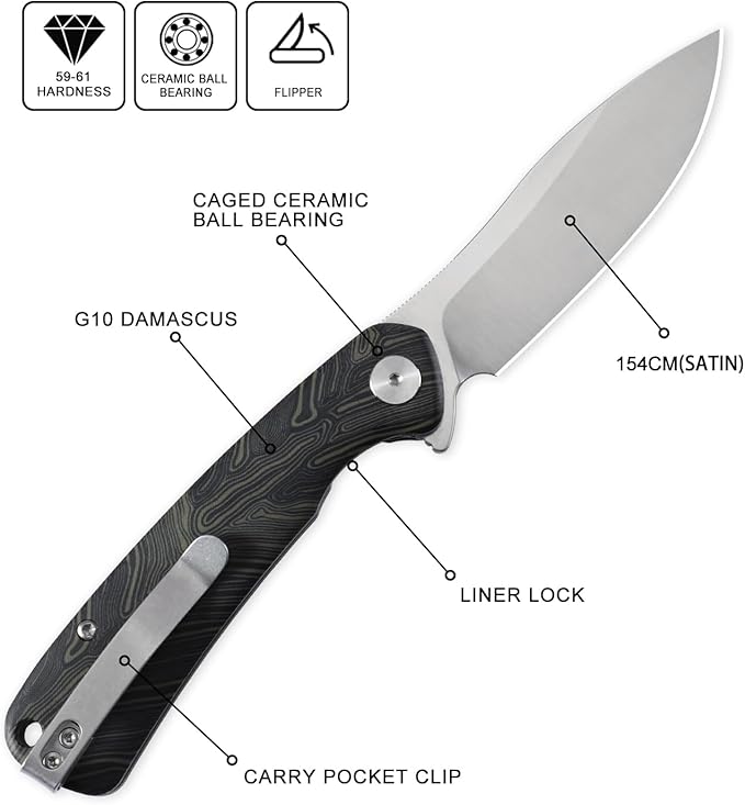 Petrified fish PFE14 Rogue Folding Knife3.43 154CM Steel Satin Blade G10 Handle Pocket knife for Camping Outdoor EDC (Green Satin)