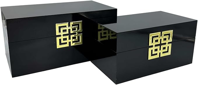 Galt International Storage Box Set Decorative Storage Box w/Hinged Lid Classic Design Wood Decor Boxes with Geometric Clasp Storage for Bedroom &amp Home - Set of 2 (Black &amp Gold)
