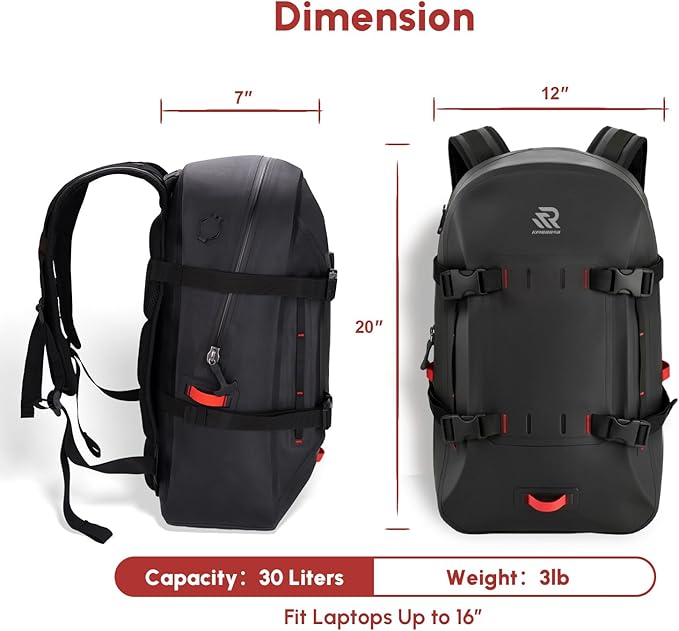 IPX7 Waterproof Backpack for Kayaking Paddle Boarding Boating Premium 30L Dry Bag with Resin Zipper Airtight Rugged Gear Protection Large Capacity for Men Water Sports Surfing Black