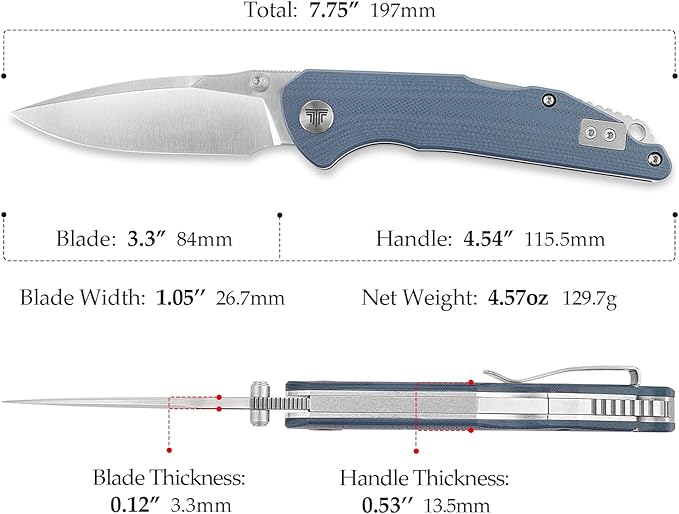 TRIVISA Pocket Knife for MenEDC Folding Knife with Reversible Clip3.3in 14C28N Blade Thumb Studs &amp Lockback Outdoor Knives Camping ToolArae-03G（Satin）