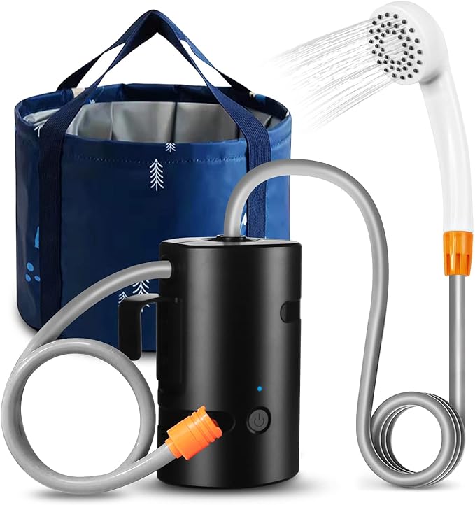 Portable Camping Shower Built-in 4400mAh USB Rechargeable IPX7 Waterproof Battery Shower Pump+Collapsible Bucket for Family Camp Hiking Backpacking Travel Beach Pet Flowering Outdoor