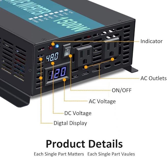 WZRELB 1500W 48V 120V Pure Sine Wave Power Inverter with 2 AC OutletsCar Inverter