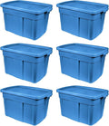 Rubbermaid Roughneck Tote 18 Gal 6 Pack Made in USA Heritage Blue Rugged Plastic Stackable Storage Bins with Lids and Handles