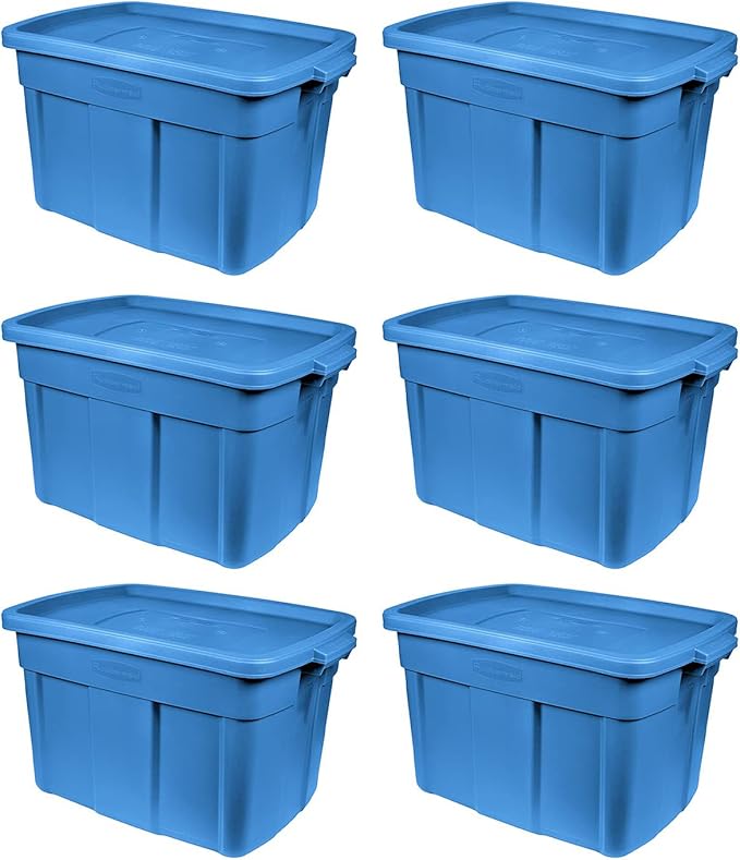 Rubbermaid Roughneck Tote 18 Gal 6 Pack Made in USA Heritage Blue Rugged Plastic Stackable Storage Bins with Lids and Handles