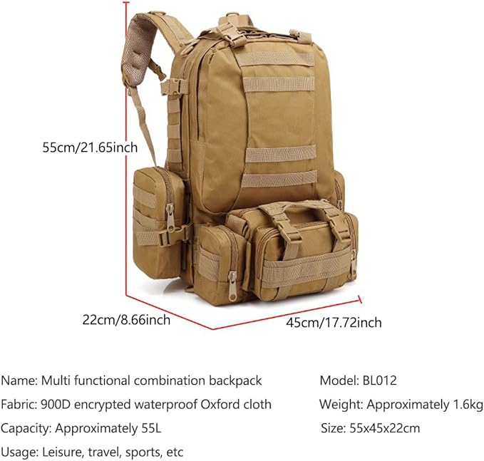 55L Military Tactical Backpack for Men Army 3 Day Assault Pack Large Camping Detachable Rucksack Molle Bag (Black)