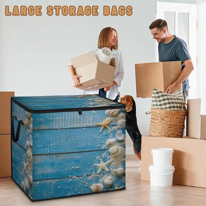 XL Large Clothes Storage with Lid Handle Summer Beach Large Thick Clothes Blanket Storage Containers for Organizing Bedroom Closet Comforter Beach Theme Seashells Starfish