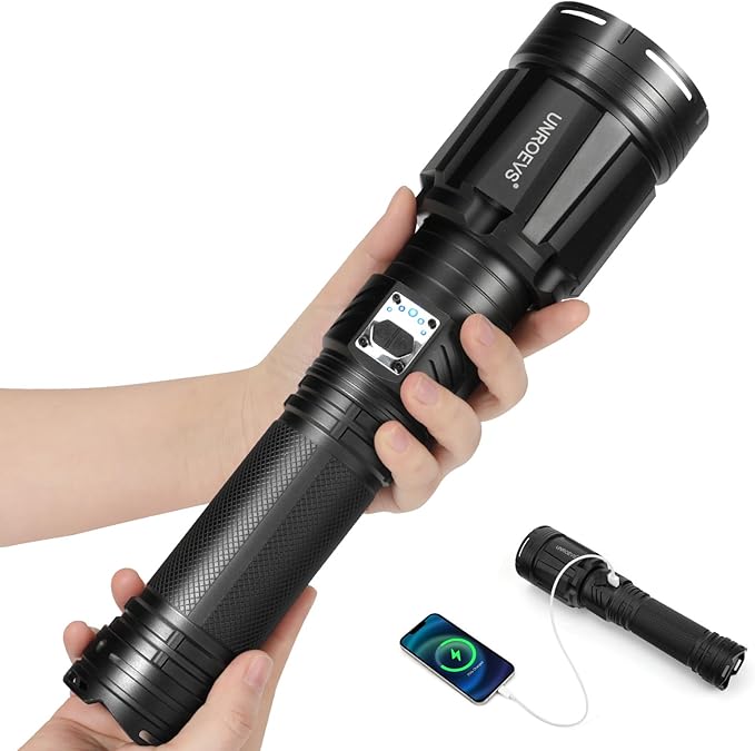 Brightest Flashlight 35000 Lumens Most Powerful Flashlight with 28000mAh Battery Super Bright Tactical Flash Light with Adjustable Zoom USB Outpot Shoulder Strap for Outdoor Camping Emergency
