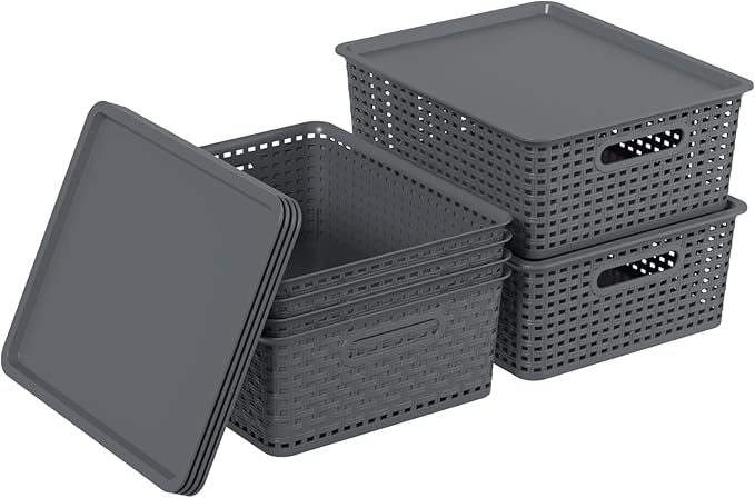 Zopnny 6-Pack Plastic Lidded Storage Shelf Basket Stackable Organizer Baskets with Lid for Desktop Pantry Closet Office (Grey)