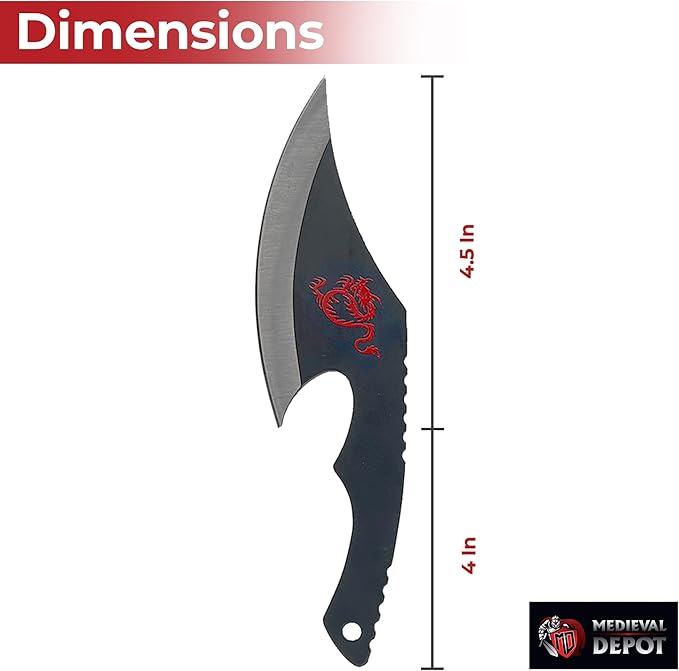 MedievalDepot Nightrage Dragon Set of Throwing Axes – Set of 3 – Overall 7.5” – Black Metal Chinese Style Axes with Rockaway Blade – Includes Sheath with Belt Loop for Carrying