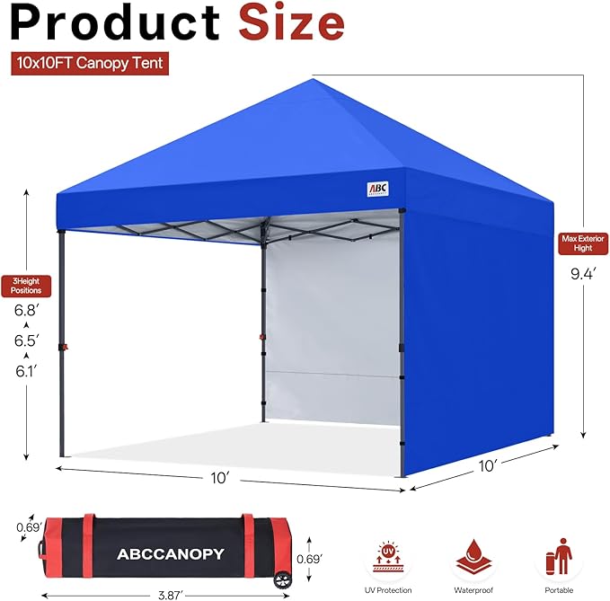 ABCCANOPY Easy Pop up Canopy Tent with 2 Sidewalls for Outdoor Sun Blocking or Rain Protection10x10 Royal Blue