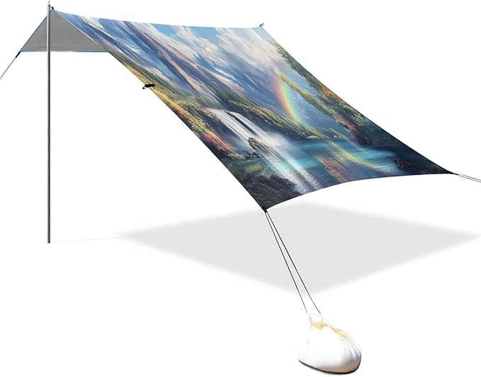 Rainbow Waterfall Landscape Beach Tent Sun Shelter Set UPF50+ UV Protection 10.5 x 9.19 FT Camping Shade Canopy with Sandbags Sand Anchors Carrying Bag and Others