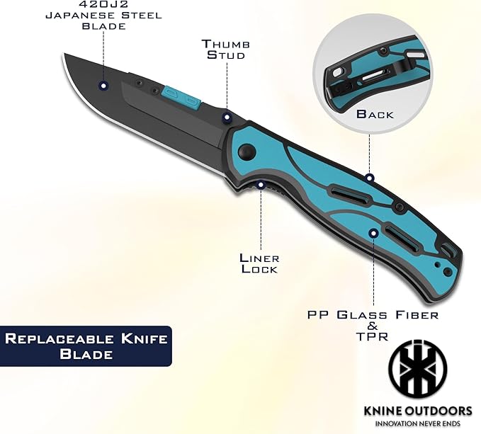KNINE OUTDOORS Hunting Pocket Knife with Replaceable Blades and Clip Skinning and EDC for Deer Hunting With 9 Blades (Blue)